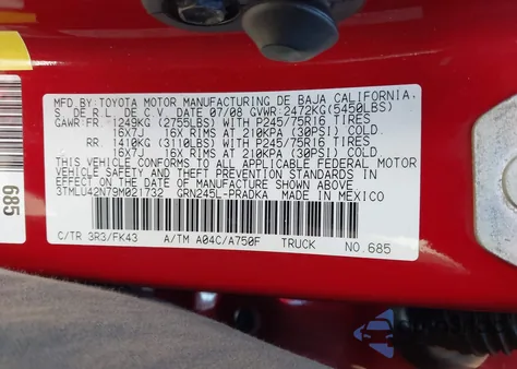 2009 Toyota Tacoma Base V6 z USA, uszkodzony, nr VIN 3TMLU42N79M021732